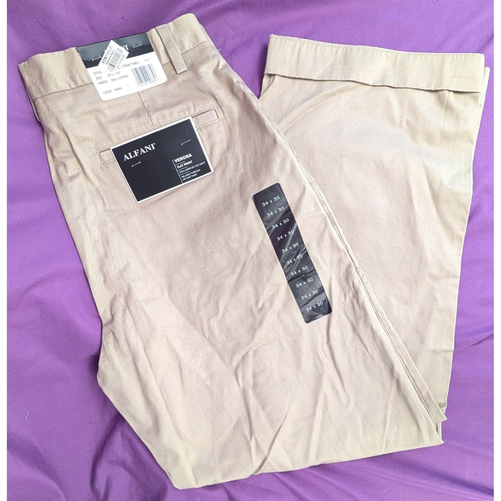 Alfani Verona Tech Pants 34X30 Khaki Flat Front Slash Pockets Straight Relaxed